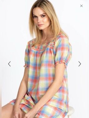 Johnny Was Delacey Puff Sleeve Peasant Top Size M Multicolor Plaid Square Neck